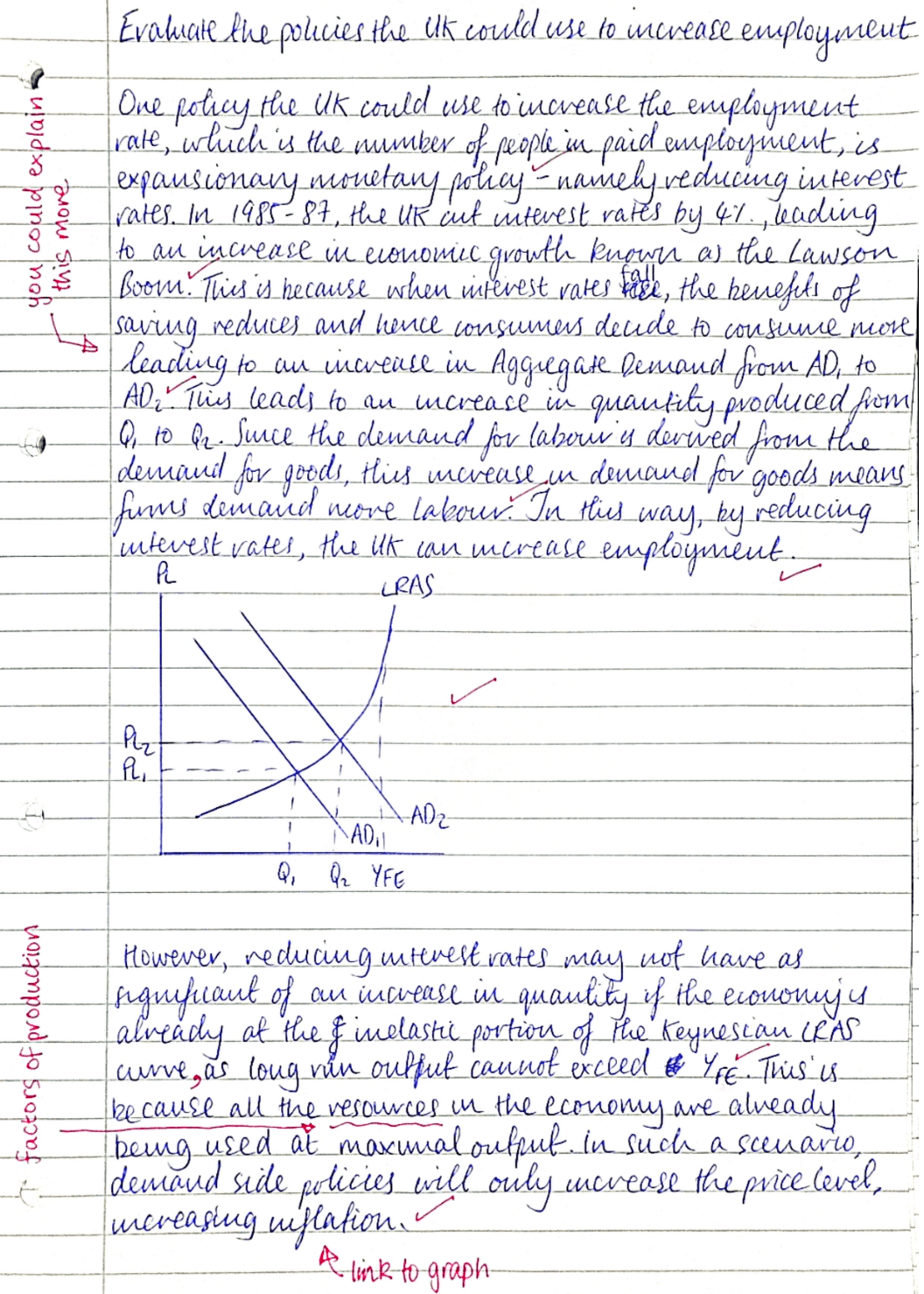 The same essay question answered to a stronger standard, marked with ticks